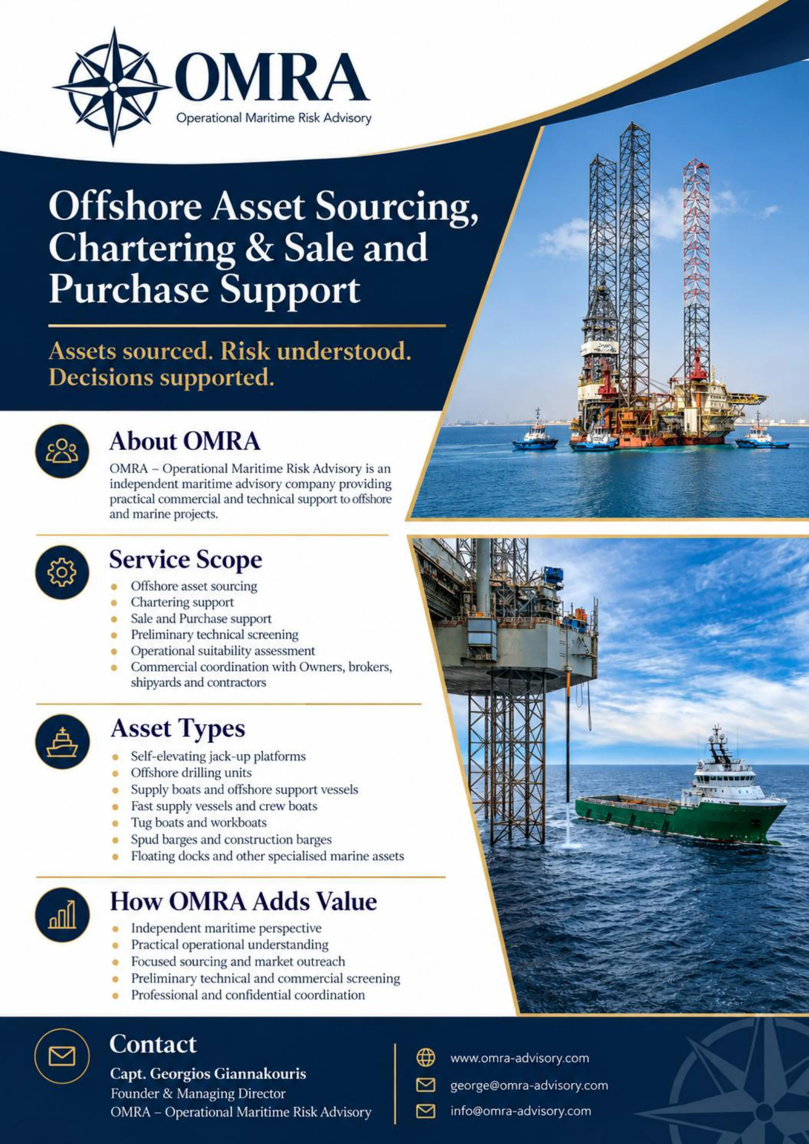 OMRA brochure, page 2 of 2. It repeats the cover's title, tagline and photographs. About OMRA: OMRA – Operational Maritime Risk Advisory is an independent maritime advisory company providing practical commercial and technical support to offshore and marine projects. Service Scope: offshore asset sourcing, chartering support, Sale and Purchase support, preliminary technical screening, operational suitability assessment, commercial coordination with owners, brokers, shipyards and contractors. Asset Types: self-elevating jack-up platforms, offshore drilling units, supply boats and offshore support vessels, fast supply vessels and crew boats, tug boats and workboats, spud barges and construction barges, floating docks and other specialised marine assets. How OMRA Adds Value: independent maritime perspective, practical operational understanding, focused sourcing and market outreach, preliminary technical and commercial screening, professional and confidential coordination. Contact: Capt. Georgios Giannakouris, Founder & Managing Director, OMRA – Operational Maritime Risk Advisory, www.omra-advisory.com, george@omra-advisory.com, info@omra-advisory.com.